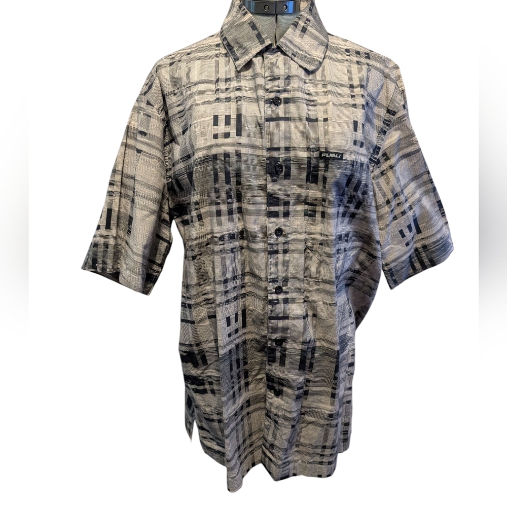 FUBU ® Abstract Gray black Cotton vintage y2K button up shirt men's size medium